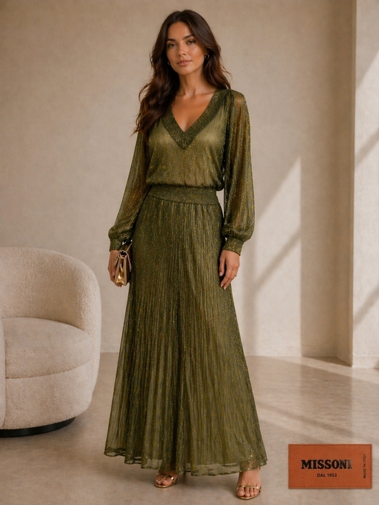 Missoni Dresses & Skirts - Missoni Olive Green Metallic Pleated Maxi Dress With Lurex Designer MSRP $4130